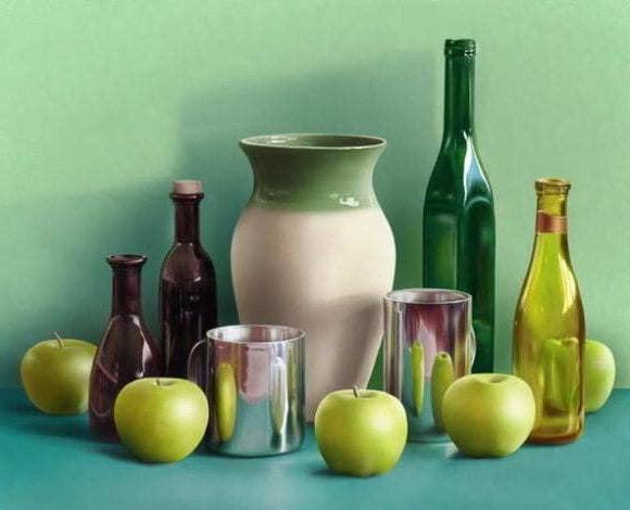 Still life of apples, bottles, vases